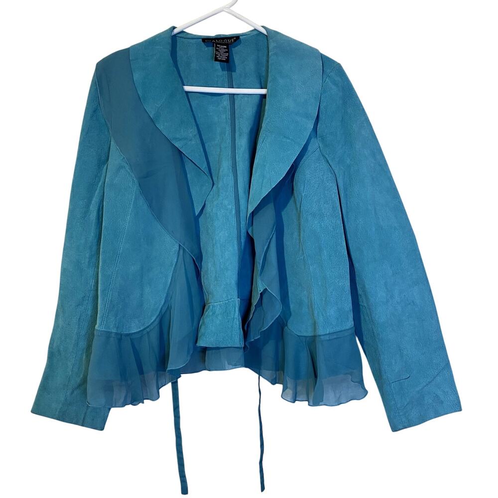 VTG Dialogue Teal Genuine Suede Leather Draped Chiffon Ruffled Jacket Size M Y2K